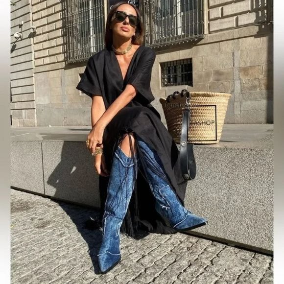 ZARA DENIM COWBOY BOOTS - Picture 2 of 11